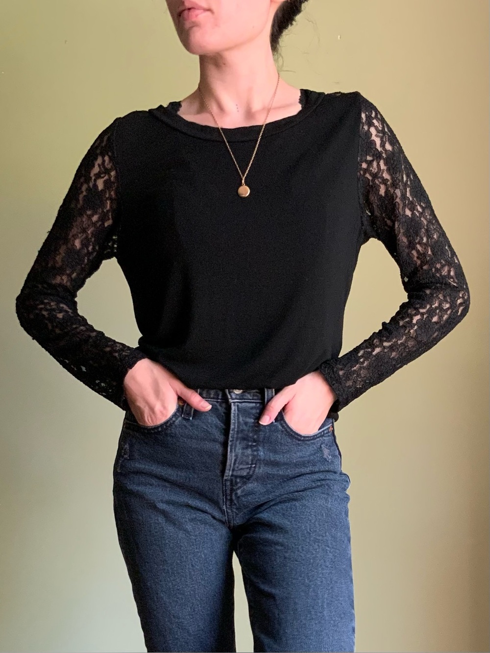 Vintage Lace Sleeve Top, Black Long Sleeve Top with Sheer Lace Sleeves